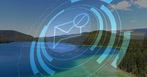 Displaying blue envelope icon with circular graphics, arcs at forest lakeshore, Stock Photos