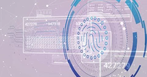 Displaying blue fingerprint icon hovering within HUD rings, with numeric panels Stock Illustration