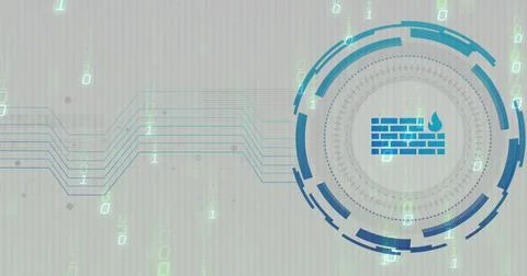 Displaying blue firewall icon rotating within circular HUD on beige, with Stock Illustration