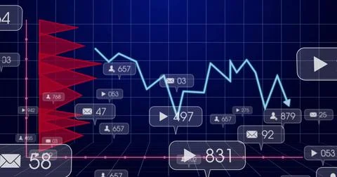Displaying blue fluctuating line chart on dark grid UI with red bars and 库存照片