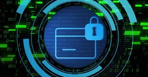 Displaying blue folder and padlock icon rotating in virtual dashboard, with 库存照片