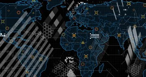 Displaying blue global map outline over numeric overlays and connecting lines on 库存插图