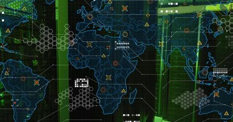 Displaying blue global map showing data on control room panel, with hex Stock Photos