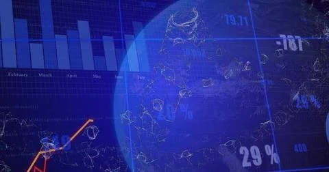 Displaying blue globe floating over data dashboard, with nodes, bar and line  库存照片