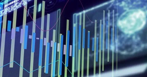 Displaying blue green candlestick bars with cyan magenta line graphs on Illustration