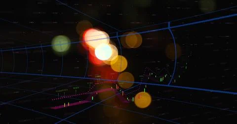 Displaying blue grid in digital space with light orbs, candlesticks, trend band, Foto stock