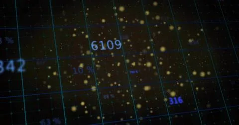 Displaying blue grid showing floating glowing yellow particles in data space, 스톡 일러스트