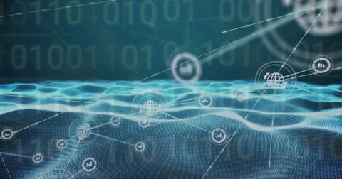 Displaying blue grid streaming in virtual data space, with binary digits Stock Photos