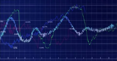 Displaying blue grid on trading screen, showing line graphs with candlesticks 스톡 일러스트