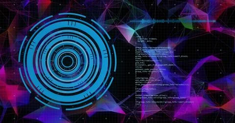 Displaying blue HUD on interface, with grid overlay, neon mesh, code and Stock Photos