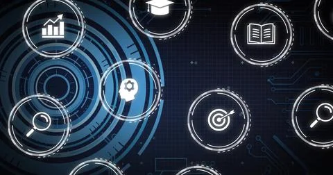 Displaying blue interface on left in grid, with white icons for search and Foto stock