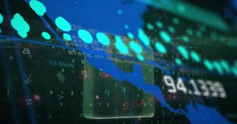 Displaying blue jagged line plot with bright teal data nodes on digital Stock Photos