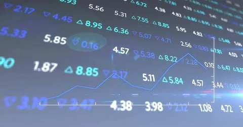 Displaying blue line chart on grid and floating values on screen, arrows marking Stock Illustration