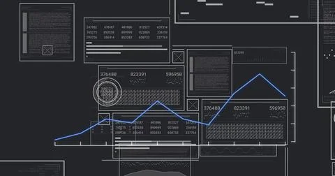 Displaying blue line graph trending across panels, with circular highlights and Stock Photos