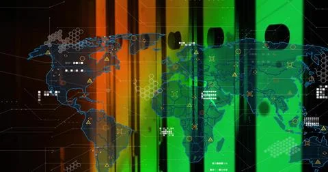 Displaying blue map overlay on panels, with square and hex clusters, warning Stockillustratie
