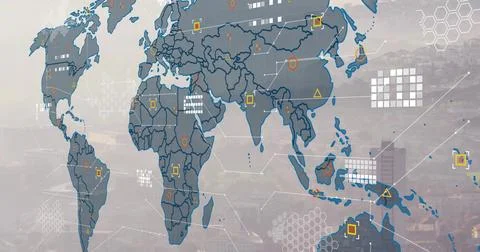 Displaying blue map overlay showing continent outlines, markers and links over Stockfoto's