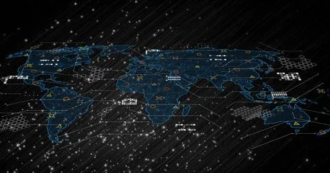 Displaying blue map showing network lines and binary streams with hex grid in Stockfoto's