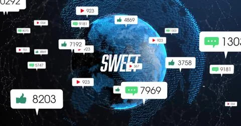 Displaying blue mesh globe centered in dark tech network, with SWEET text and Stock Illustration