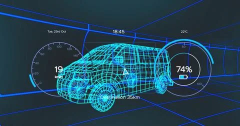 Displaying blue neon wireframe car traveling within tunnel, with speedometer and Stock-Illustration