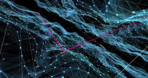 Displaying blue nodes converging with particle streams and pink arrows in Stock Illustration