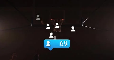 Displaying blue notification bubble 69 in gym hovering near hoop, avatars, ba Stock Photos