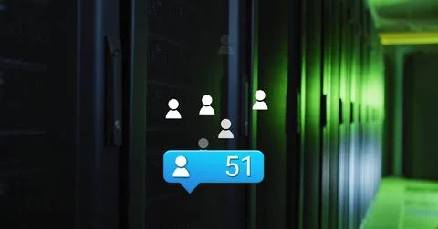 Displaying blue notification bubble pulsing on server racks in data center Stock Illustration