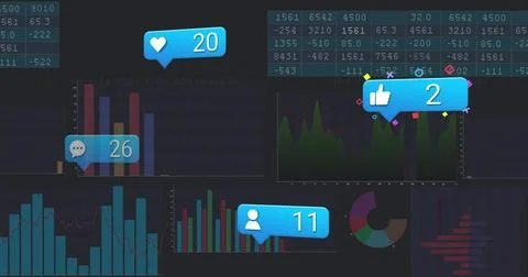 Displaying blue notification bubble showing heart count on data dashboard, with Foto stock