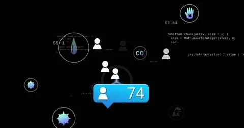 Displaying blue notification bubble showing user icon and number 74 on 스톡 사진