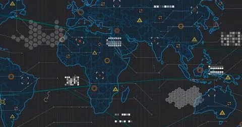 Displaying blue-outlined global map on dark technical UI, showing hex clusters, Stock Illustration
