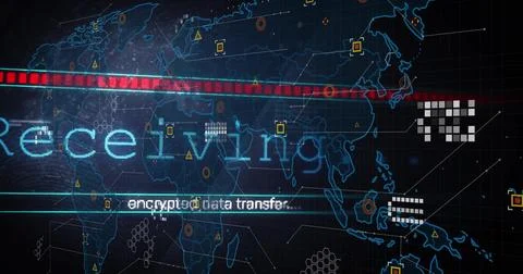 Displaying blue-outlined world map showing Receiving encrypted data transfer on Stock Photos