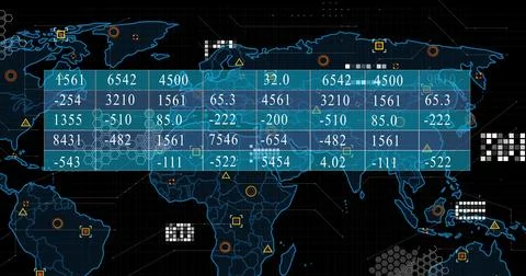 Displaying blue overlay showing numeric data in command center, world map Stock Illustration