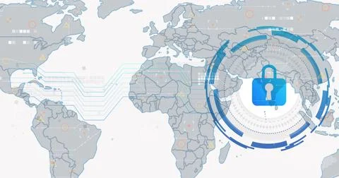 Displaying blue padlock icon locking circular HUD over world map, with circuit Ilustração Stock