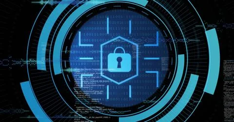 Displaying blue padlock icon within glowing hexagon on screen, with HUD rings Stock Illustration