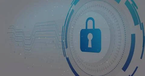 Displaying blue padlock within HUD rings on gray-blue background with circuit Stockillustratie