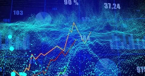 Displaying blue particle wave and multicolored line charts on dashboard, showing Illustrazione stock