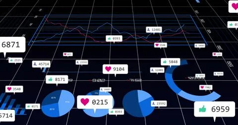 Displaying blue pie charts showing percent labels, badges on virtual 3D grid, Stock Illustration