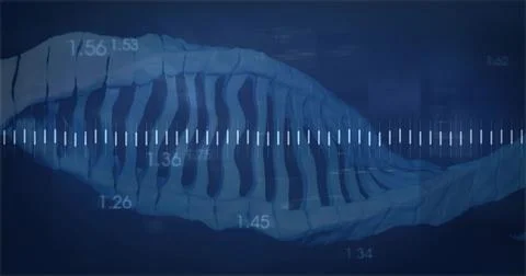 Displaying blue ribbed 3D structure curving across data viz, with white ticks Foto stock