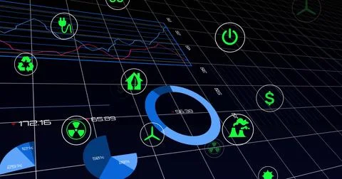 Displaying blue ring chart on data dashboard, with pie charts, line graphs and 스톡 사진