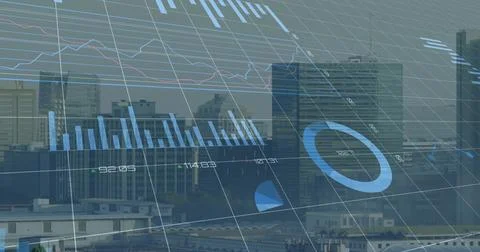 Displaying blue ring chart hovering over city skyline, with 3D grid, bar charts, Stock Illustration