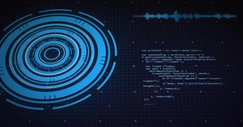 Displaying blue ringed HUD pulsing left on dark grid, code blocks and cyan Stock Illustration