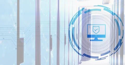 Displaying blue security HUD overlay hovering over right server aisle, racks and Stockfoto's