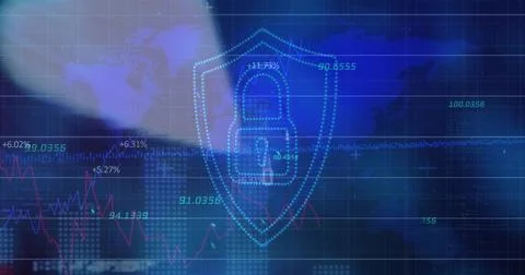 Displaying blue shield holding padlock icon in interface with world map overl Stock Illustration