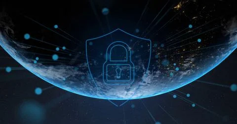 Displaying blue shield with lock over Earth in low orbit, with city lights, Stock Photos