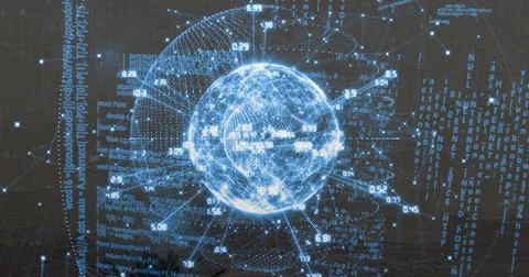Displaying blue sphere with nodes, lines in data visualization, with numeric Stock Illustration