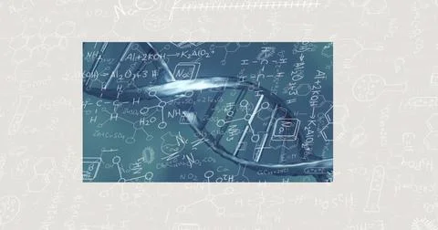 Displaying blue-toned 3D DNA helix glowing on digital canvas, with formulas, 스톡 일러스트