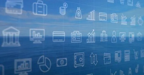 Displaying blue-toned interface showing repeating finance icons on grid, with Stock Photos