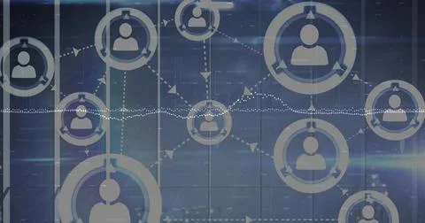 Displaying blue-toned network visualization on glass-panel display, with user Illustrazione stock