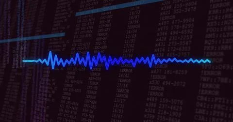 Displaying blue waveform line oscillating on terminal, showing code columns and Stock Illustration