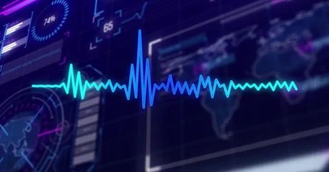 Displaying blue waveform oscillating across digital interface, with 74% gauge Stock Illustration