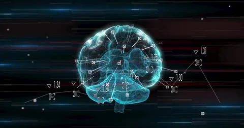 Displaying blue wireframe brain model in digital interface, showing pointers and Illustrazione stock